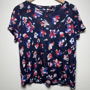 Monoprix Women 100% Linen Shirt Large Navy Blue Floral Coastal Short Sleeve
